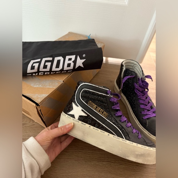 Golden Goose High Top Leather Black Sneakers with Purple Accents NWT - Picture 1 of 7